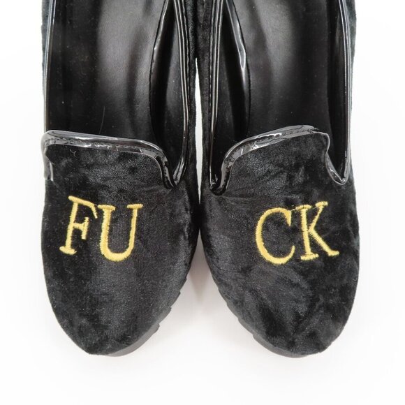 YRU Women 6 F Word Cuss Curse Black Velvet Gold Embroidered High Heels Shoes - Picture 2 of 10